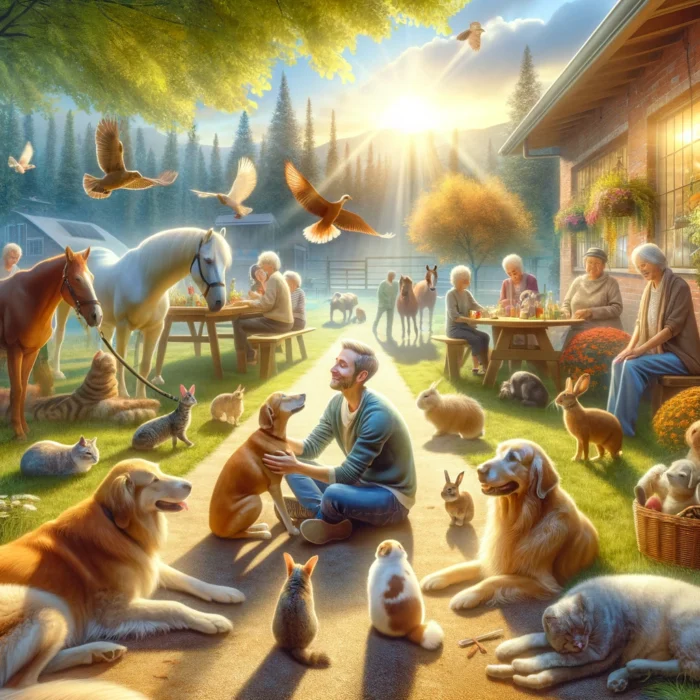 Homme adulte entouré assis par terre à l'extérieur entouré d'animaux